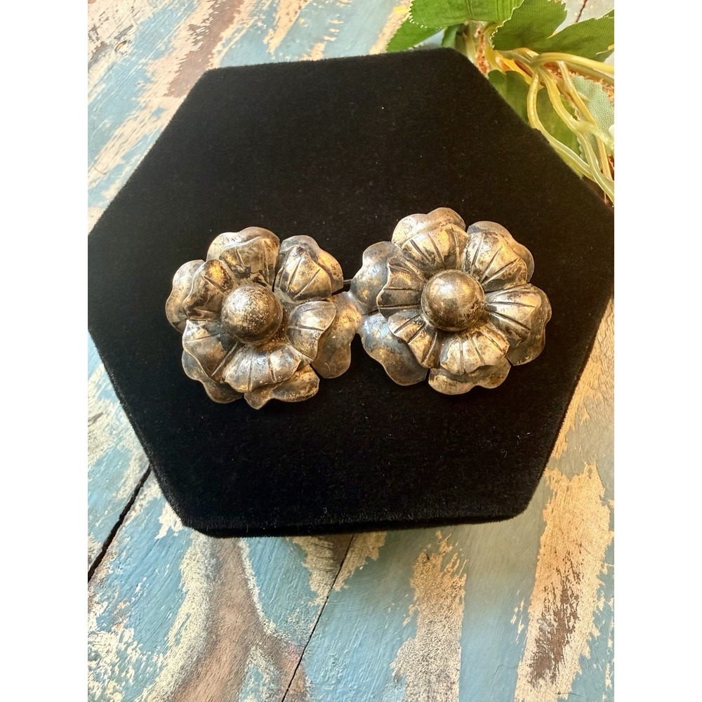 Vtg Mexico Silver Double Flower Brooch Pin Sterling Floral Estate Handcrafted